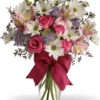 bouquet di margherite bianche, alstromeria e rose rosa