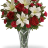 Bouquet di rose rosse, garofani rossi e lilium bianchi