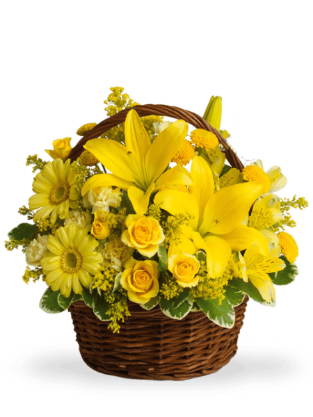 cesto lilium, rose e fiori gialli