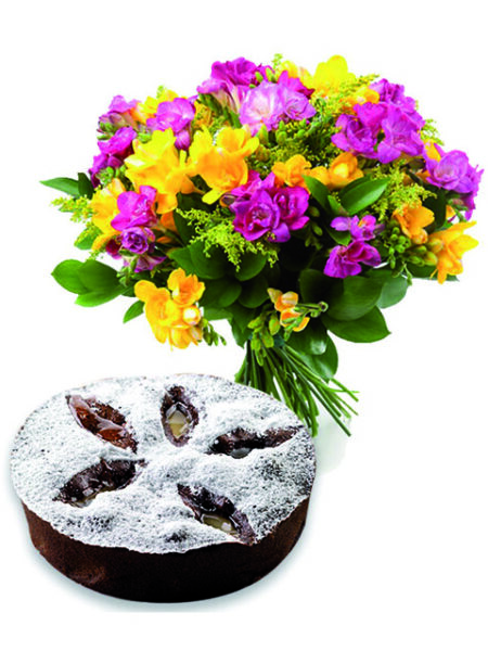 Bouquet fiori con torta cioccolato.