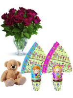 Due uova pasqua, peluche e 12 rose rosse.